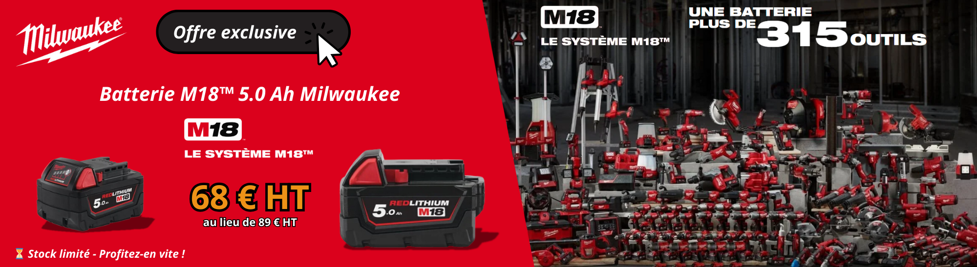 Batterie Milwaukee M18™ Red Lithium 5.0 Ah en promotion - 64€ HT au lieu de 89€ HT - Offre limite